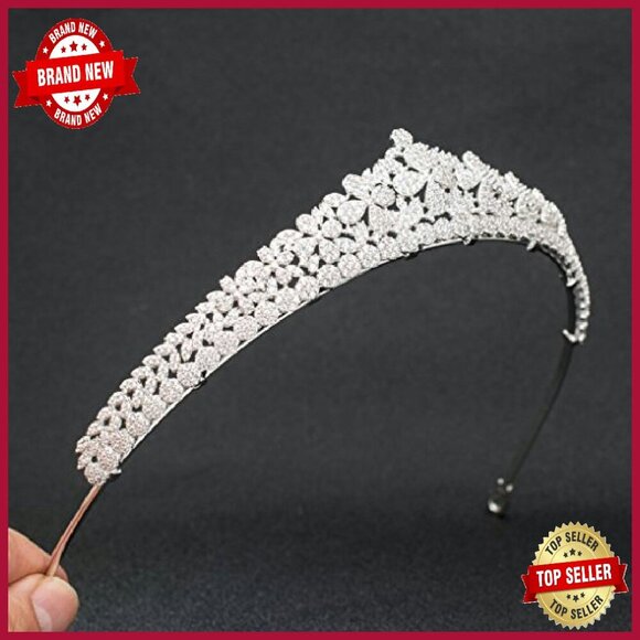 Platinum Plated Copper Wedding Tiara Crown with CZ Flowers - Picture 7 of 8